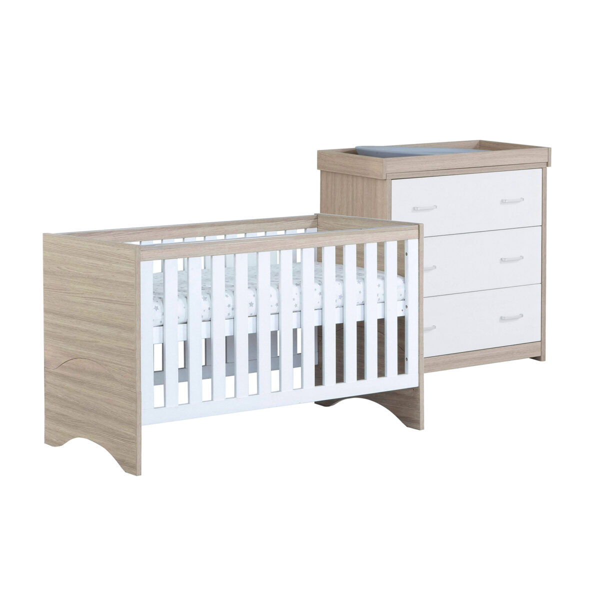 Babymore Veni 2 Piece Nursery Furniture Room Set Includes Cot Bed And Chest Changer- Oak White