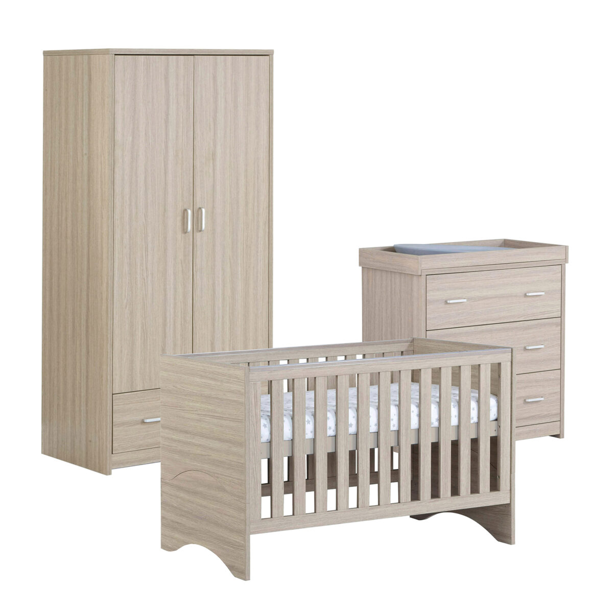 Babymore Veni 3 Piece Nursery Furniture Room Set Includes Cot Bed, Changin Unit And Wardrobe  - Oak