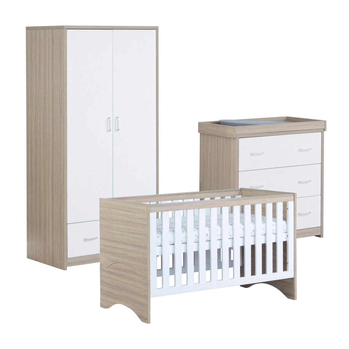 Babymore Veni 3 Piece Nursery Furniture Room Set Includes Cot Bed, Changing Unit And Cot Bed - Oak White