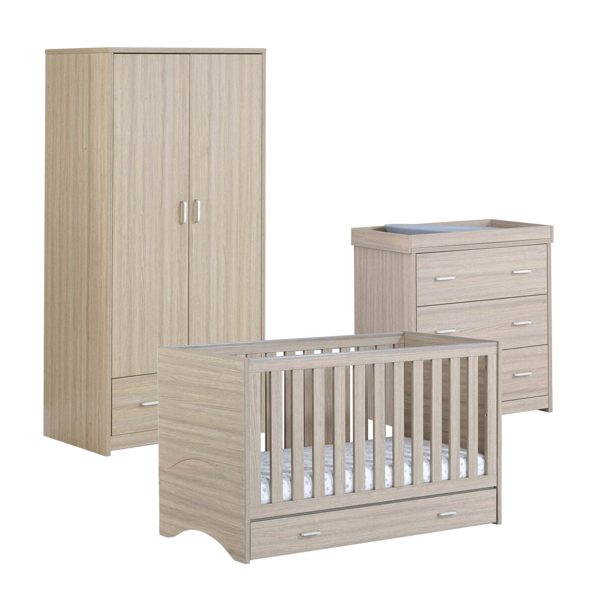 Babymore Veni 3 Piece Nursery Furiture Room Set Includes Cot Bed with Drawer, Changing Unit And Wardrobe - Oak