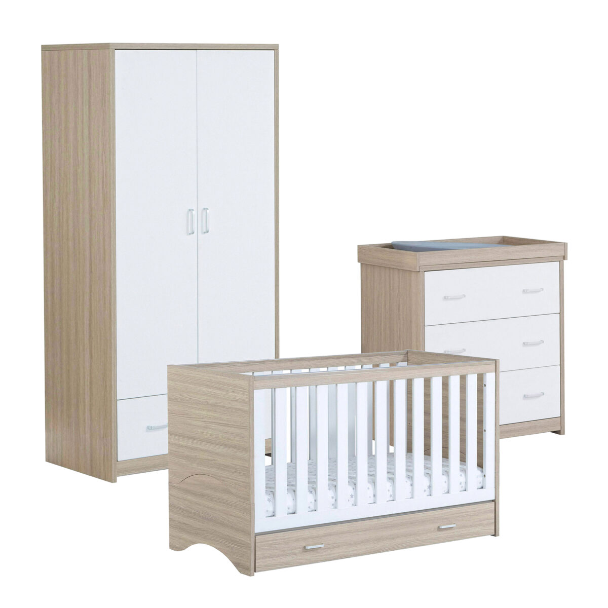 Babymore Veni 3 Piece Nursery Furniture Room Set Cot Bed with Drawer, Chest Changer And Wardrob - Oak White