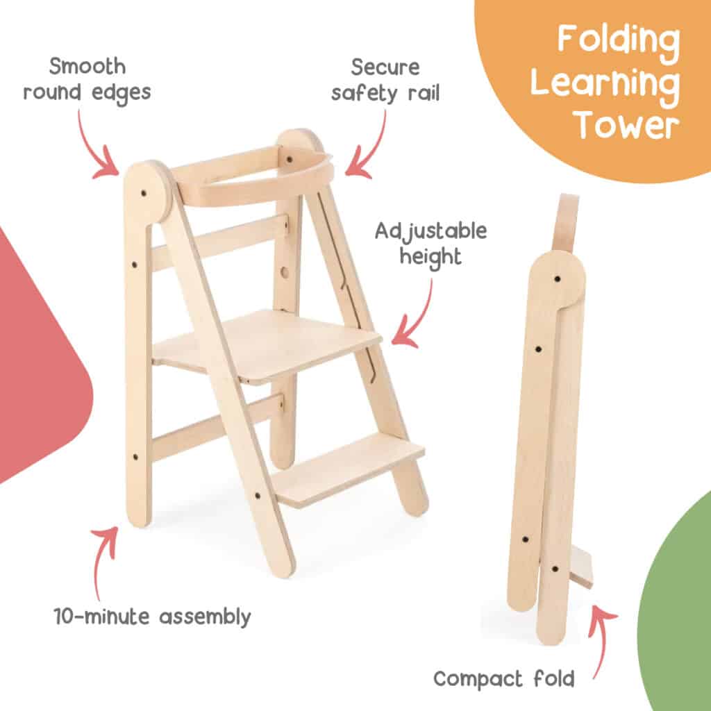 MamaToyz Folding Learning Tower Natural Beech Wood