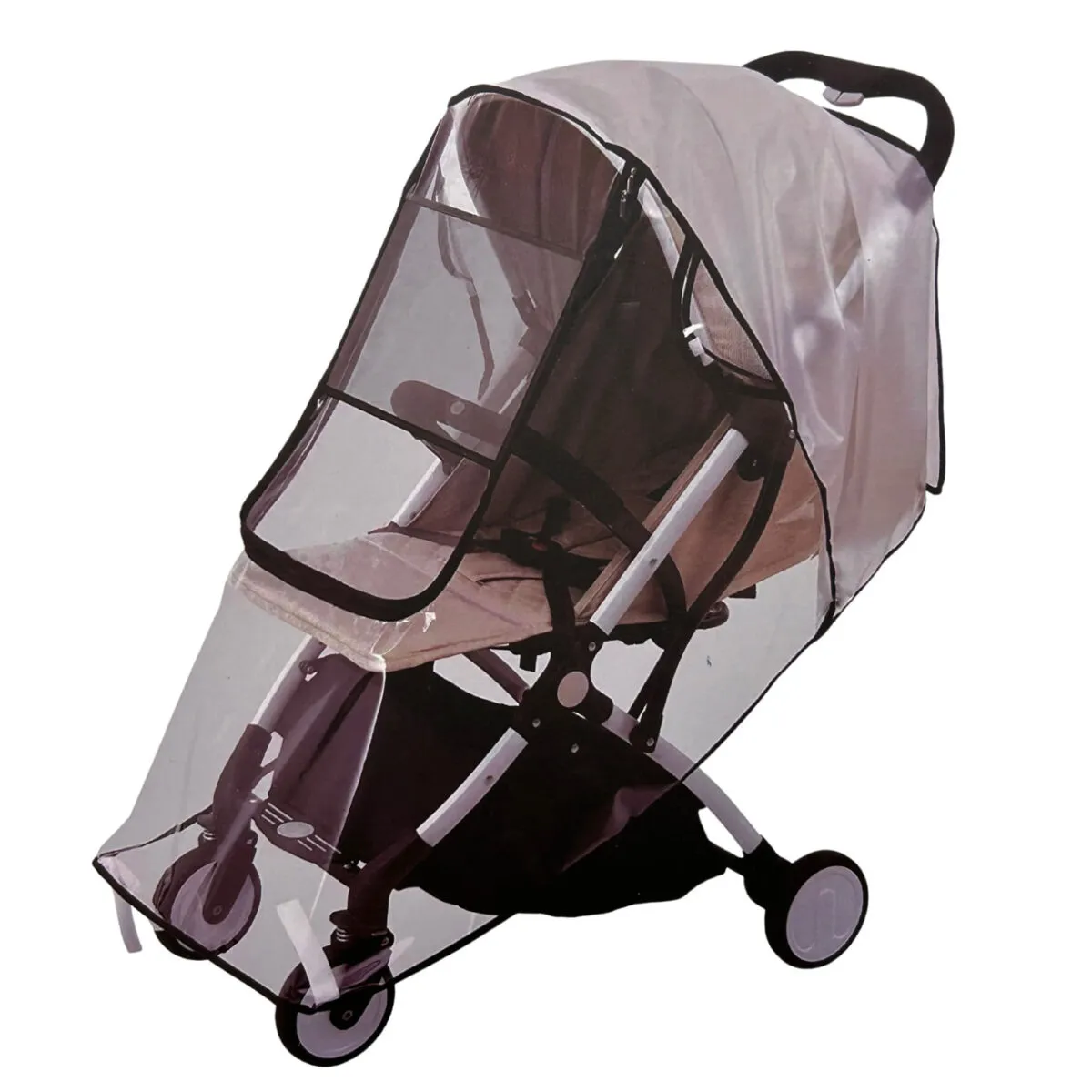 A stroller featuring the Snuggle Baby Stroller & Pram Deluxe Weather Shield in use