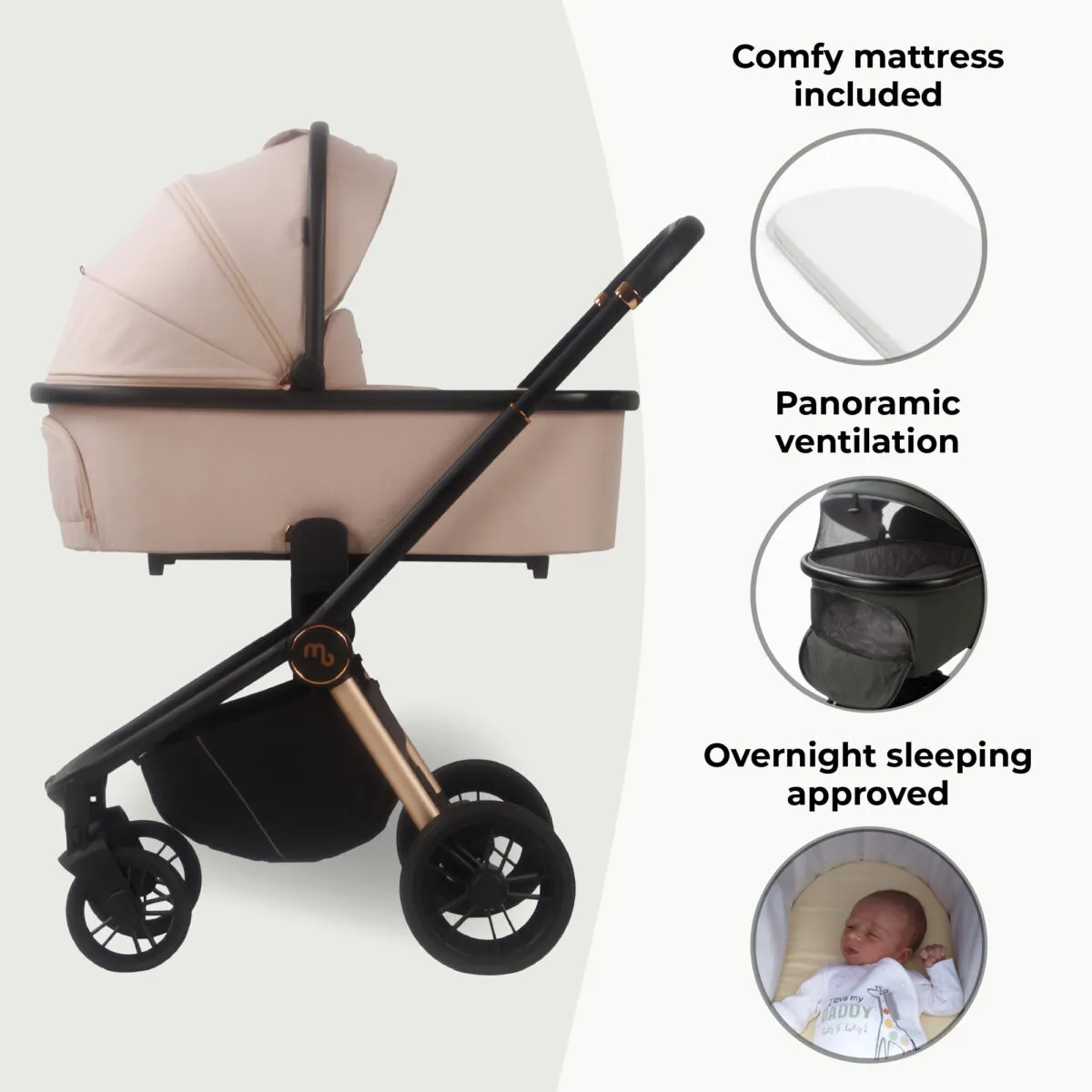 MyBabiie MB450i 3-in-1 Travel System Bundle Includes Pushchair, Carrycot & i-Size Car Seat - Pastel Pink - Image 5