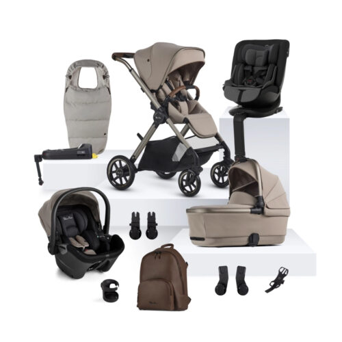 Collection of baby gear including Silver Cross stroller, car seats, bassinet, footmuff, backpack, cup holder, adapters, and straps.