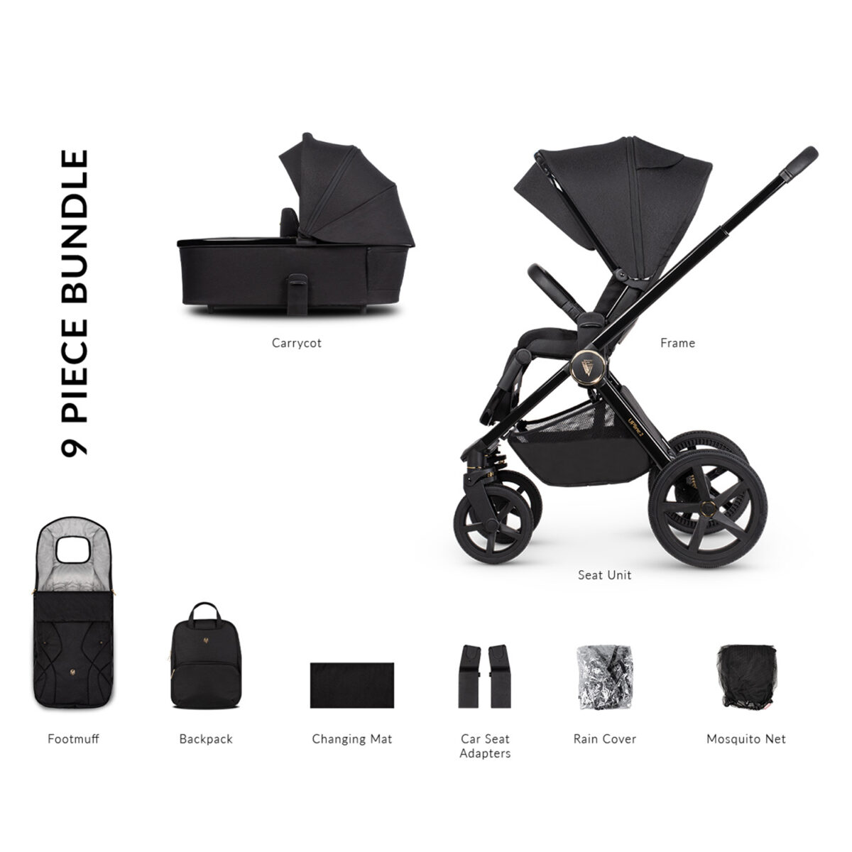 Venicci Upline 2 Pushchair & Carrycot with Accessories 9 piece bundle - All Black