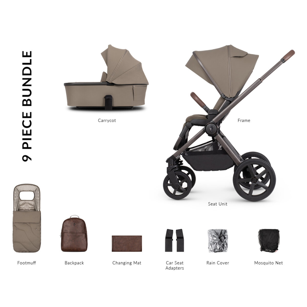 Venicci Upline 2 Special Edition Pushchair & Carrycot with Accessories - Powder 9 Piece Bundle