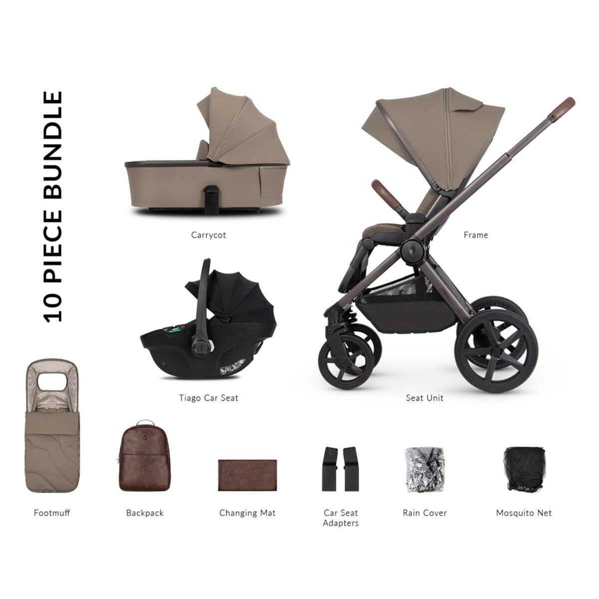 Venicci Upline 2 Special Edition Travel System with Tiago Car Seat – Powder 10 Piece bundle