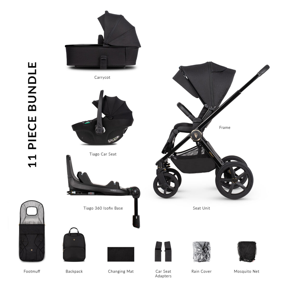 Venicci Upline 2 Travel System with Tiago Car Seat & 360° ISOFIX Base - All Black 11 piece bundle