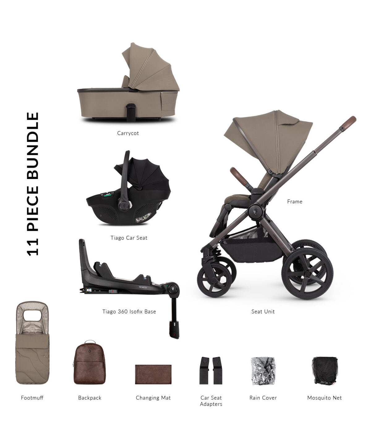 Venicci Upline 2 Special Edition Travel System with Tiago Car Seat & 360° ISOFIX Base – Powder 11 Piece bunlde