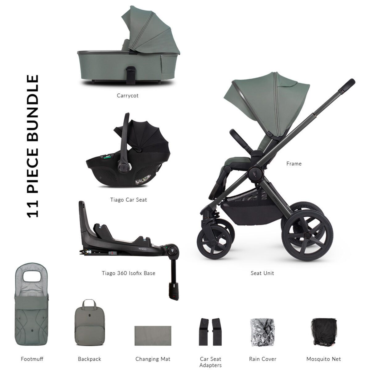 Venicci Upline 2 Travel System with Tiago Car Seat & 360° ISOFIX Base – Aloe