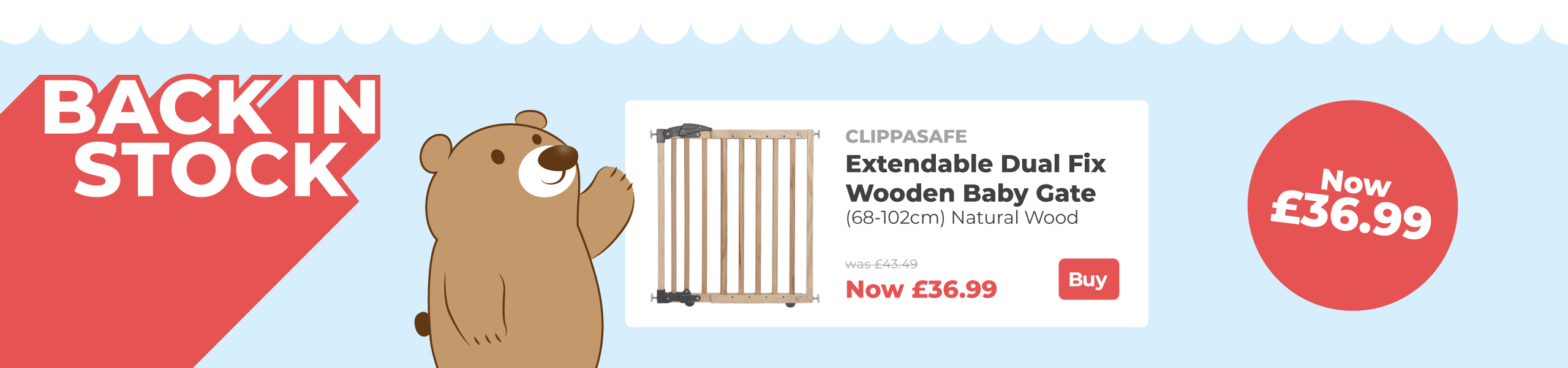 Clippasafe Extendable Dual Fix Wooden Baby Stair Gate (68-102cm) in Natural Wood Sale Banner.