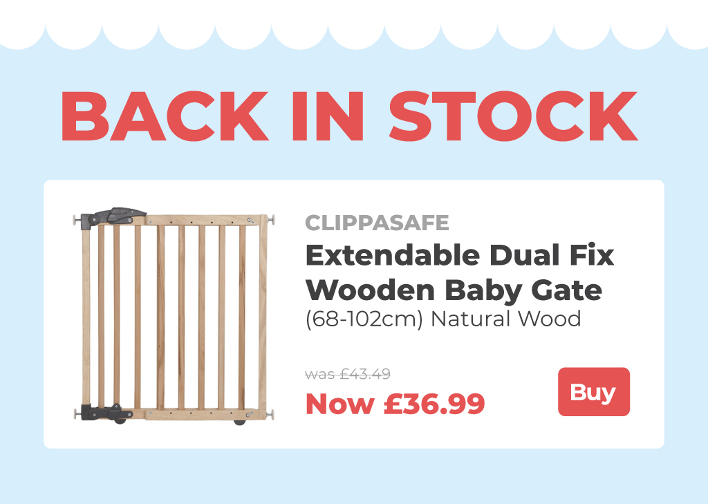 Clippasafe Extendable Dual Fix Wooden Baby Stair Gate (68-102cm) in Natural Wood Sale Banner.