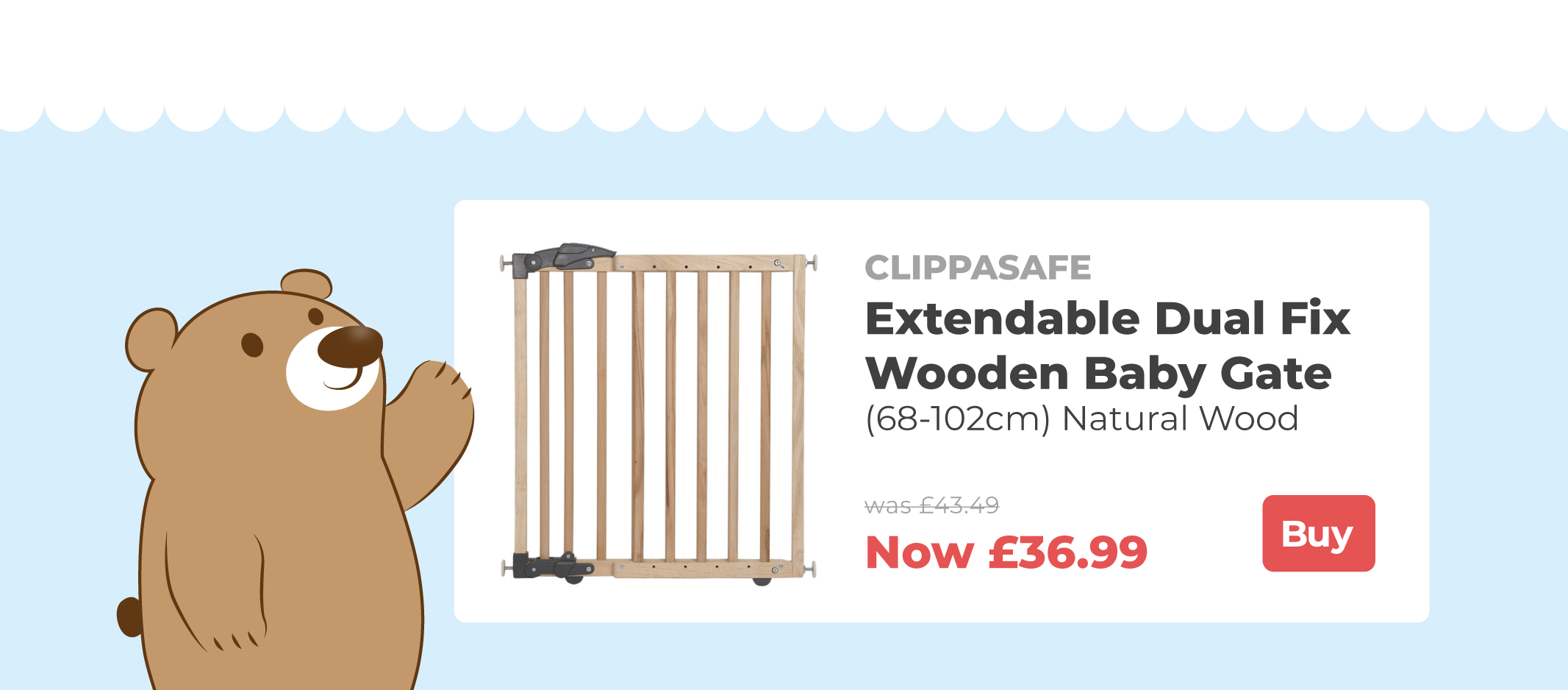 Clippasafe Extendable Dual Fix Wooden Baby Stair Gate (68-102cm) in Natural Wood Sale Banner.