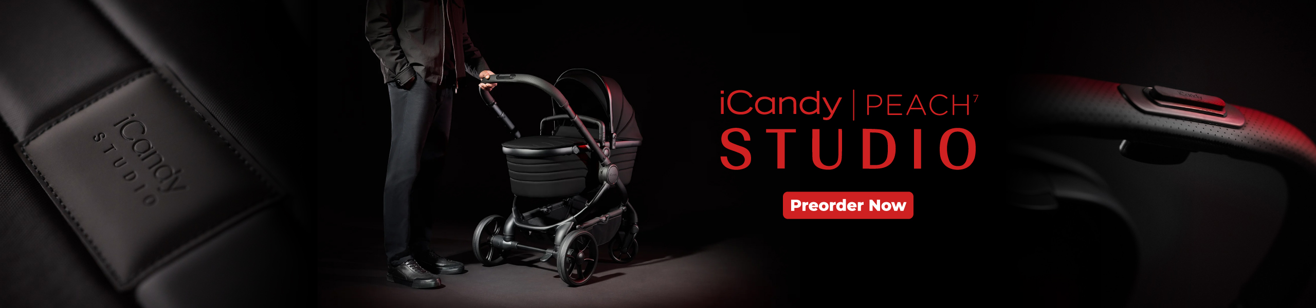 A black iCandy Peach 7 Studio stroller in a dark setting, with a person holding the handle. Bold red text promotes 'Preorder Now'