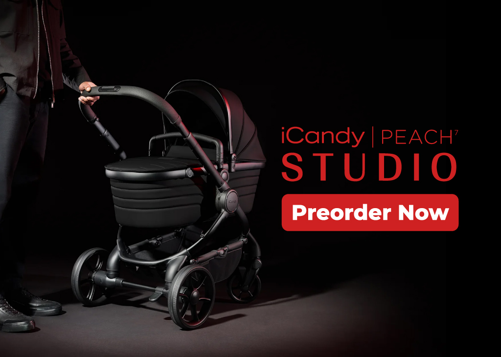 A black iCandy Peach 7 Studio stroller in a dark setting, with a person holding the handle. Bold red text promotes 'Preorder Now'