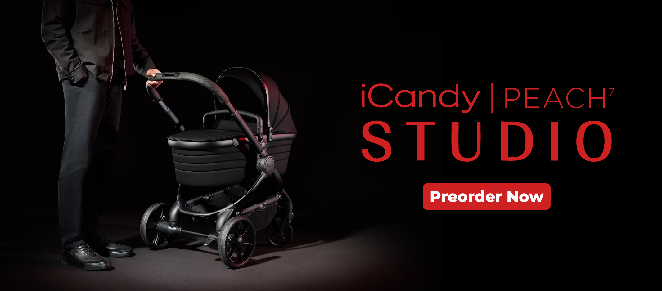 A black iCandy Peach 7 Studio stroller in a dark setting, with a person holding the handle. Bold red text promotes 'Preorder Now'